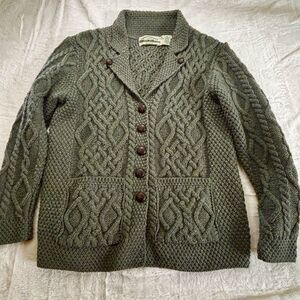 Aran Crafts Olive Green Cable-Knit Button Cardigan